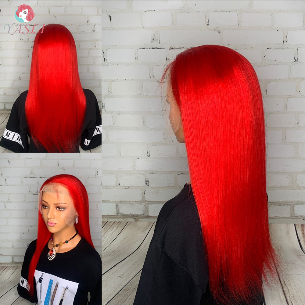 흑인 여성을위한 빨간 가발 Glueless 투명 레이스 프론트 13x4 브라질 레미 150% 밀도 스트레이트 인간의 머리카락